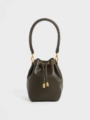 Charles & Keith Braided-Handle Drawstring Bucket Bag Dunkel | FMIU93407