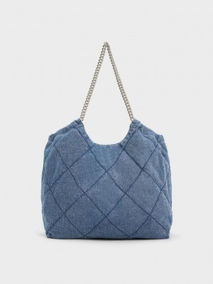 Charles & Keith Braided Handle Denim Tote Bag Hellblau | RQVF97645