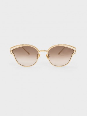 Charles & Keith Braided Wire-Frame Cateye Sunglasses Gold | UJKV39024