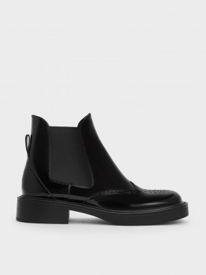 Charles & Keith Brogue Leder Chelsea Boots Schwarz | FUVB32157