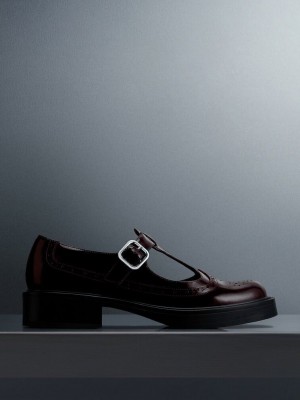 Charles & Keith Brogue Leder T-Bar Mary Janes Bordeaux | FPJQ53791