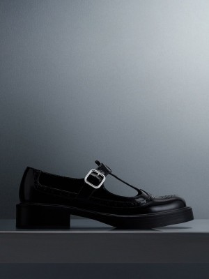Charles & Keith Brogue Leder T-Bar Mary Janes Schwarz | EJGB53208
