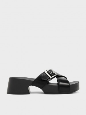 Charles & Keith Buckled Crossover Plattform Sandals Schwarz | QBSR27540
