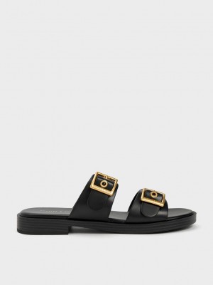Charles & Keith Buckled Double Riemen Badelatschen Sandals Schwarz | ZLRC13468
