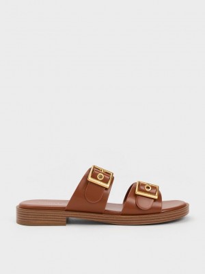 Charles & Keith Buckled Double Riemen Badelatschen Sandals Braun | UVFS78062