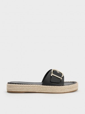 Charles & Keith Buckled Espadrilles Flache Sandals Schwarz | ZAMB41690