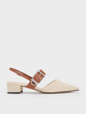 Charles & Keith Buckled Riemen Linen Slingback Pumps Beige | HQOM02538