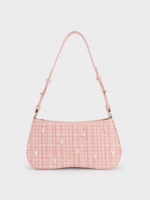 Charles & Keith Bunny Tweed Shoulder Bag Rosa | QLGO85912