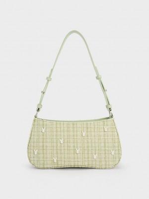 Charles & Keith Bunny Tweed Shoulder Bag Grün | UVSJ98764