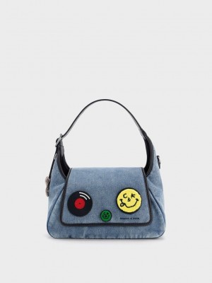 Charles & Keith Buzz Embroidered Patch Front Flap Hobo Bag Blau | TZSP48052
