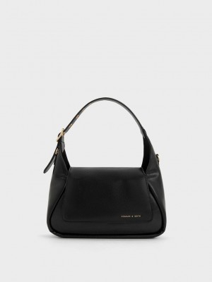 Charles & Keith Buzz Front Flap Hobo Bag Schwarz | FDJB97140