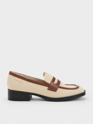 Charles & Keith Canvas Cut-Out Penny Loafers Beige | KIBV63172