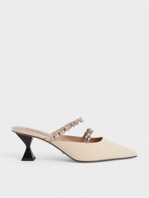 Charles & Keith Canvas Double Gem Riemen Mules Beige | CKRQ27834