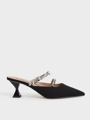Charles & Keith Canvas Double Gem Riemen Mules Schwarz | SXRD48903