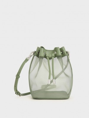 Charles & Keith Canvas Drawstring Bucket Bag Olivgrün Grün | NDKX02187