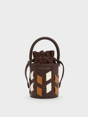 Charles & Keith Canvas Panelled Bucket Bag Dunkelbraun | GBRA02643