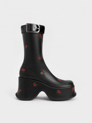Charles & Keith Carlisle Floral Plattform Boots Schwarz | IGDM90327
