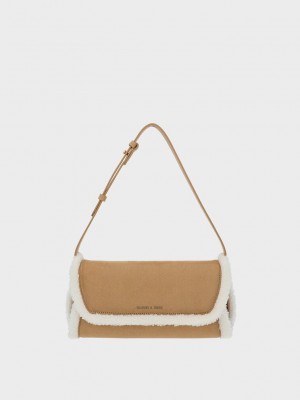 Charles & Keith Cassiopeia Textured Fur-Trim Shoulder Bag Braun | CROQ15687