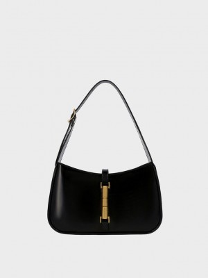 Charles & Keith Cesia Lack Metallic Accent Shoulder Bag Schwarz | PVTK18296