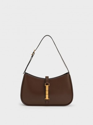 Charles & Keith Cesia Metallic Accent Shoulder Bag Dunkelbraun | KXFW17326