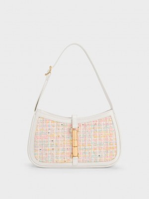 Charles & Keith Cesia Metallic Accent Tweed Shoulder Bag Weiß | HWOS80154