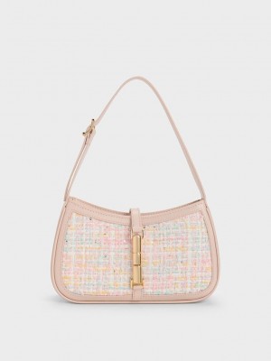 Charles & Keith Cesia Metallic Accent Tweed Shoulder Bag Rosa | DJUQ26348