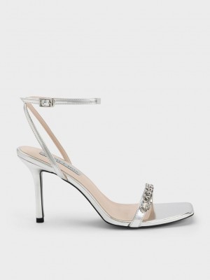 Charles & Keith Chain-Embellished Metallic Ankle Riemen Sandals Silber | LYQT39261
