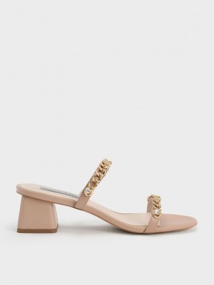Charles & Keith Chain-Link Block Heel Sandals Beige | QLGU87250
