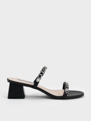 Charles & Keith Chain-Link Block Heel Sandals Schwarz | WJFI98602