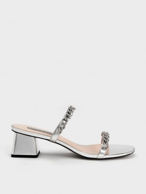 Charles & Keith Chain-Link Block Heel Sandals Silber | SHJY95213