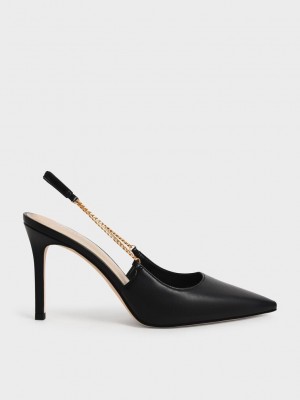 Charles & Keith Chain-Link Slingback Stiletto Pumps Schwarz | RQYK12945