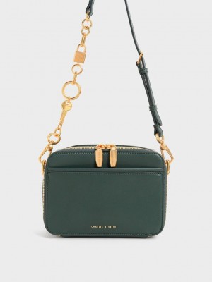 Charles & Keith Chunky Chain Handle Two-Way Zip Crossbody Bag Dunkelgrün | PBWZ87953
