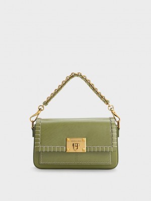 Charles & Keith Circe Stitch-Trim Top Handle Bag Olivgrün | NGLT19728