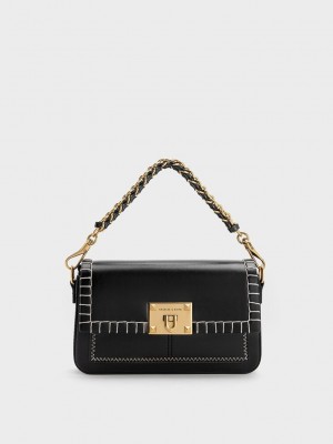 Charles & Keith Circe Stitch-Trim Top Handle Bag Schwarz | HVNG23081