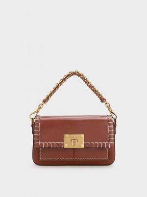 Charles & Keith Circe Stitch-Trim Top Handle Bag Beige | BDGQ54319