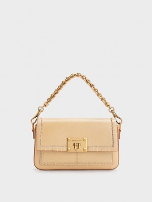 Charles & Keith Circe Stitch-Trim Top Handle Bag Beige | AJST65480
