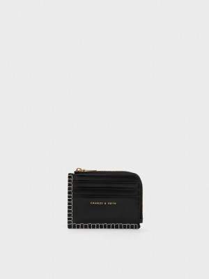 Charles & Keith Circe Stitch-Trim Zip Around Card Holder Schwarz | QHGC95782