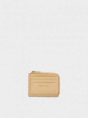 Charles & Keith Circe Stitch-Trim Zip Around Card Holder Beige | WVDM70926