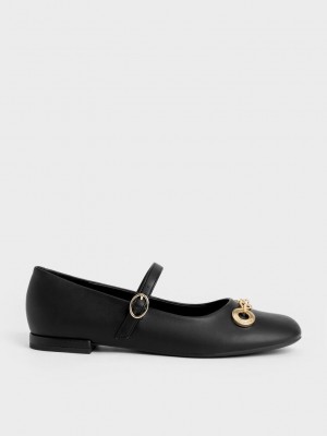 Charles & Keith Circle Chain-Link Mary Janes Schwarz | MRJL13047