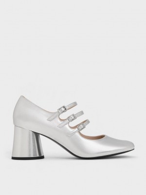 Charles & Keith Claudie Metallic Buckled Mary Janes Silber | ZBFC82573