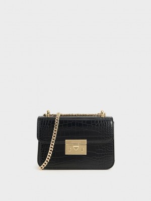 Charles & Keith Croc-Effect Chain Riemen Crossbody Bag Schwarz | CGZL03916