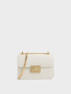 Charles & Keith Croc-Effect Chain Riemen Crossbody Bag Rosa | THAE98367