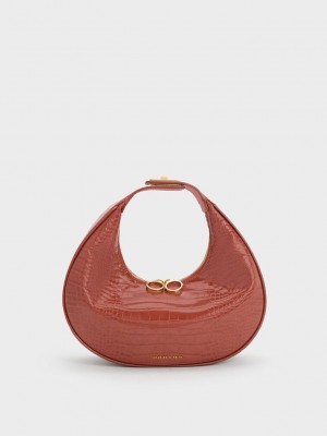 Charles & Keith Croc-Embossed Crescent Hobo Bag Braun | TDCA02891