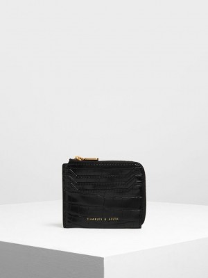 Charles & Keith Croc-Embossed Zip-Around Cardholder Schwarz | CDTF75832