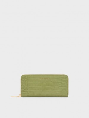Charles & Keith Croc-Embossed Zip-Around Long Wallet Olivgrün | OWCR87906