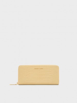 Charles & Keith Croc-Embossed Zip-Around Long Wallet Beige | ESVC23018