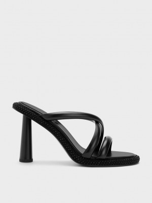Charles & Keith Crossover Crystal-Embellished Mules Schwarz | KLDT64325