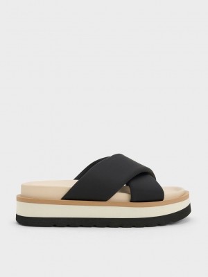 Charles & Keith Crossover Plattform Badelatschen Sandals Schwarz | XZRQ06194
