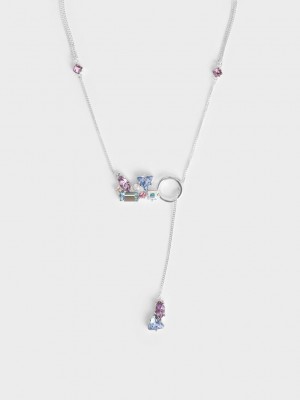 Charles & Keith Crystal-Embellished Double Chain Necklace Silber | CNGM21075