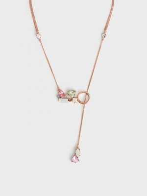 Charles & Keith Crystal-Embellished Double Chain Necklace Rosa Gold | VASR10842